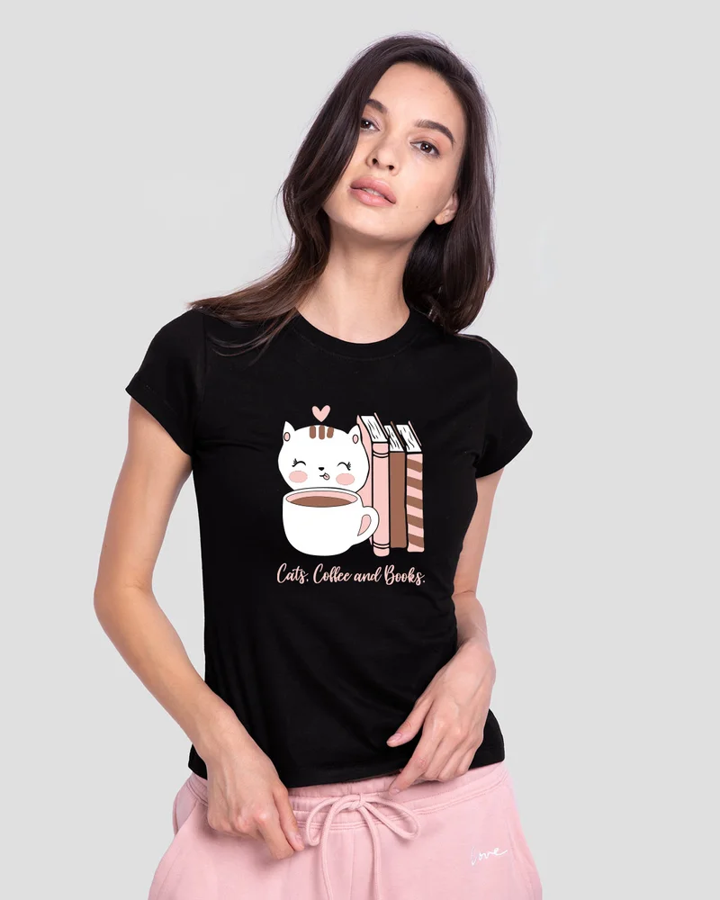 bewakoof Women's Black Cats Coffee And Books Graphic Printed Slim Fit T-shirt